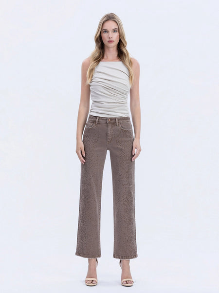High Rise Rhinestone Embellished Slim Wide Jeans