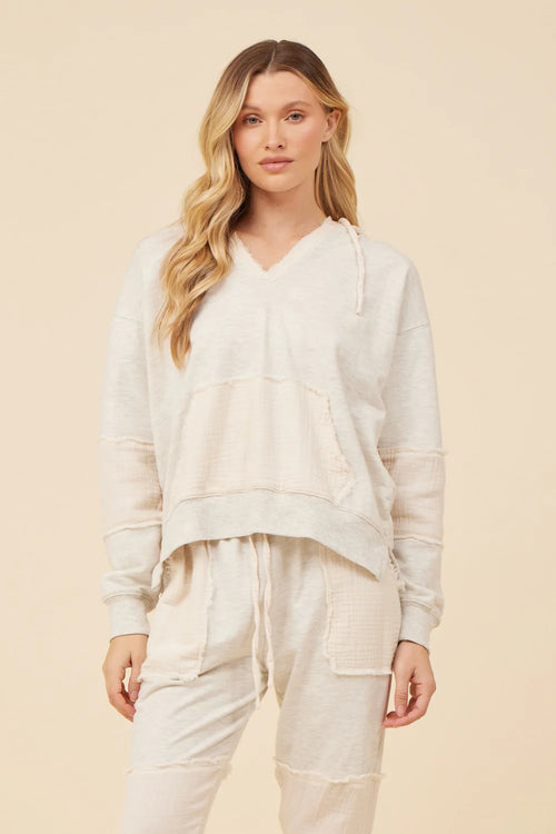 HEATHER OATMEAL COTTON WHITE GAUZE FRENCH TERRY V-NECK PULLOVER
