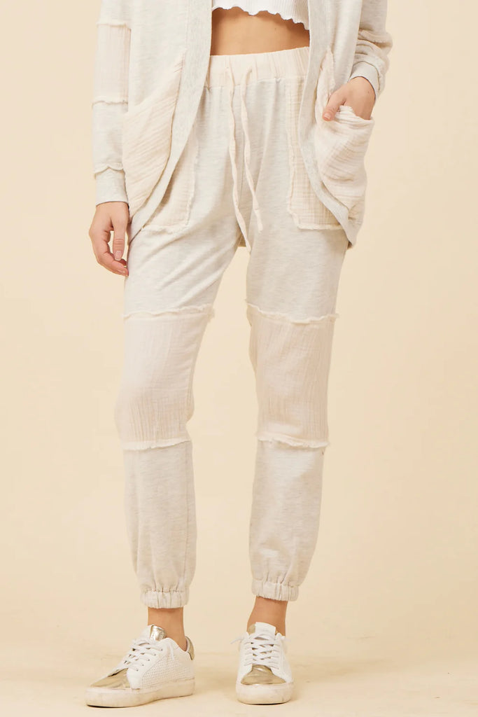 HEATHER OATMEAL COTTON WHITE GAUZE FRENCH TERRY JOGGERS – Lola May's